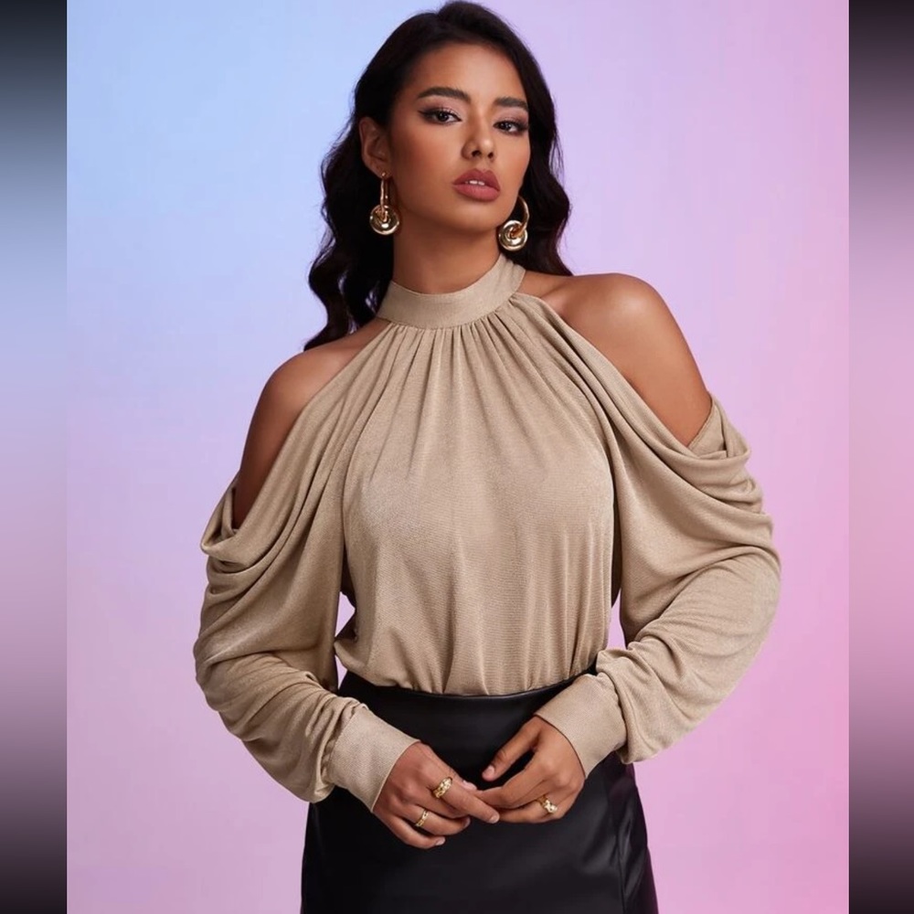 Shein cold shoulder bodysuit!! Never worn!! Color: beige, size L